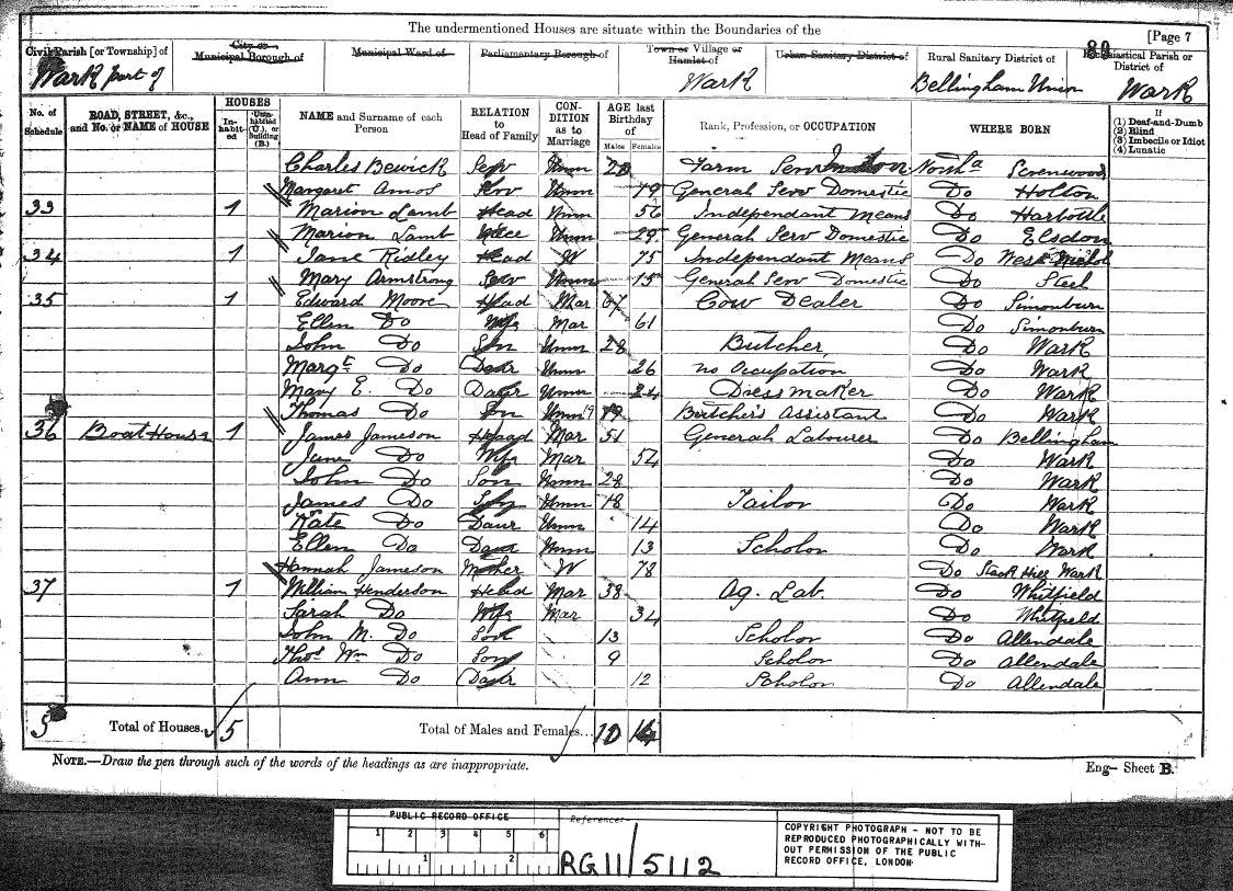 Picture of 1881 Census Returns for Northumberland