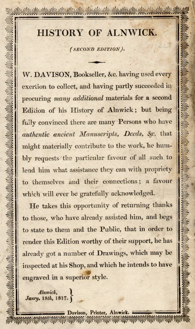 Picture of William Davison's "History of Alnwick" Appeal