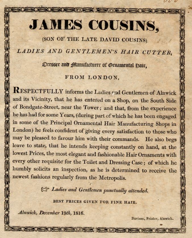 Picture of Advertisement for James Cousins, Hair Cutter