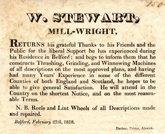 Picture of Advertisement for W. Steward, Mill Wright of Belford