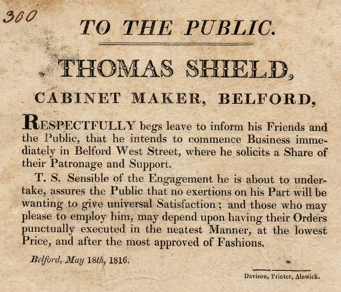 Picture of Advertisement for Thomas Shield, Cabinetmaker of Belford