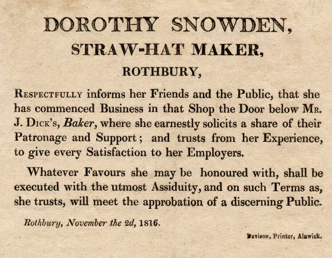 Picture of Notice of Dorothy Snowden to Begin Hatmaker's Business