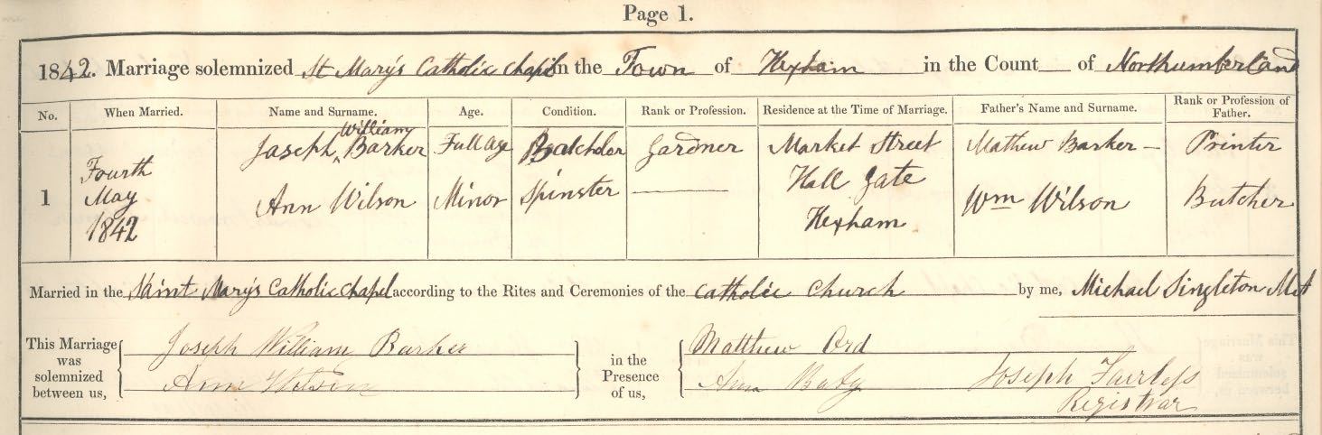 Picture of Hexham St. Mary's Chapel Roman Catholic Marriage Register