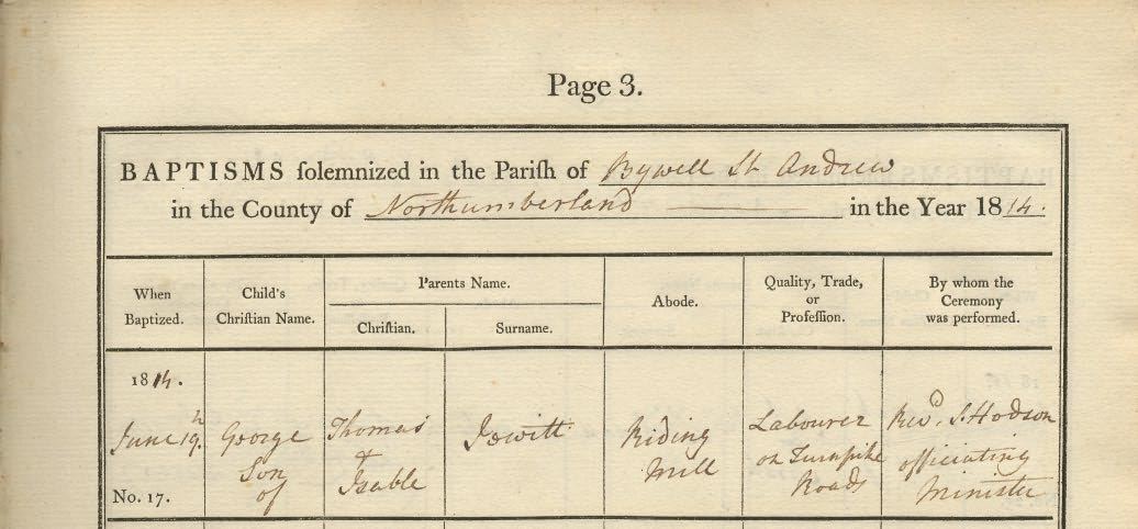 Picture of Bywell St. Andrew Baptism Register